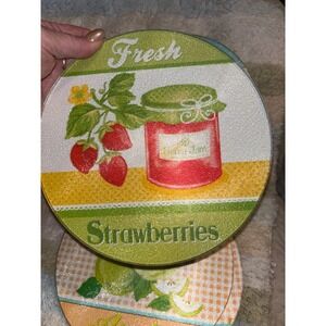 Round Glass Cutting Board Set Strawberry Apple Orchard Kitchen Decor